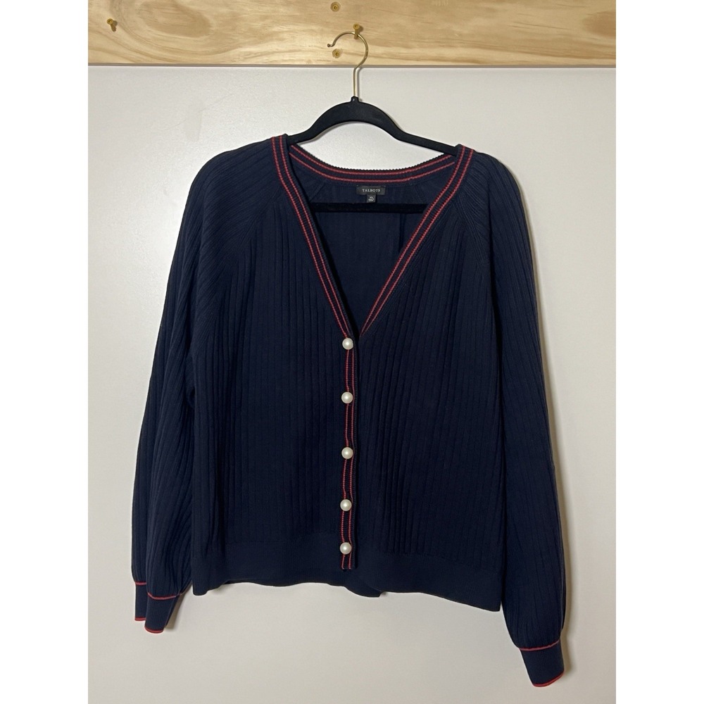 Talbots Preppy Cardigan Pearl Buttons Navy Blue Women Size XL Business Casual